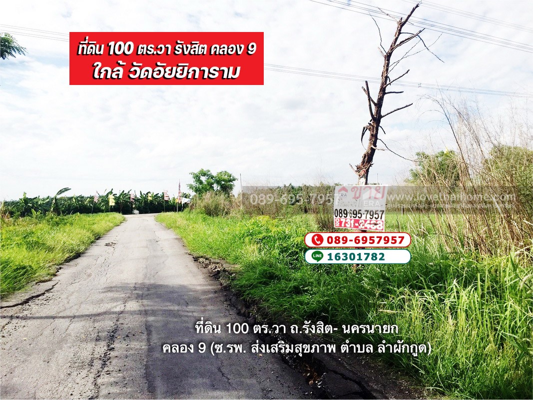 ขายที่ดิน 100 ตร.วา ถ.รังสิต-นครนายก คลอง 9 (ซอย รพ.ส่งเสริมสุขภาพ) ต.ลำผักกูด ธัญบุรี จ.ปทุมธานี ราคาถูกกว่าประเมิน ใกล้วัดอัยยิการาม ขายที่ดิน 100 ตร.วา ถ.รังสิต-นครนายก คลอง 9 (ซอย รพ.ส่งเสริมสุขภาพ) ต.ลำผักกูด ธัญบุรี จ.ปทุมธานี ราคาถูกกว่าประเมิน ใกล้วัดอัยยิการาม